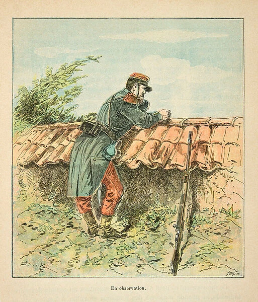 French and Germans, anecdotal history of the War of 1870-1871, 1888, illustration by Georges Hardouin (1846-1893) also says Dick de Lonlay: Soldier Fracais in observation during the fighting of 1870 - private collection