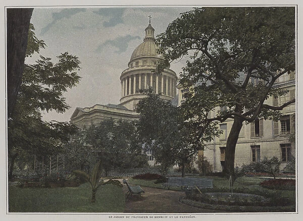 Garden of the headmaster of the Lycee Henri IV and the dome of the Pantheon, Paris (colour litho)
