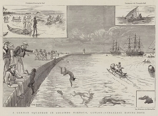 A German Squadron in Colombo Harbour, Ceylon, Cingalese Diving-Boys (engraving)