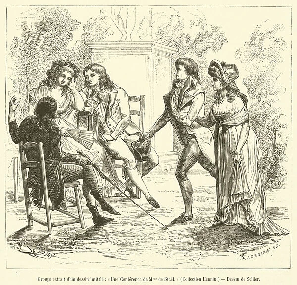 Groupe extrait d un dessin intitule, Une Conference de Madame de Stael, Collection Hennin (engraving)