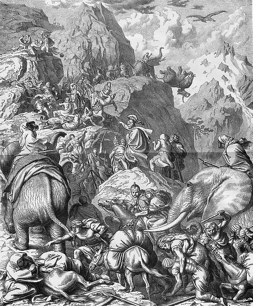 Hannibal crossing the Alps with elephants to arrive in Italy (II Punic War)
