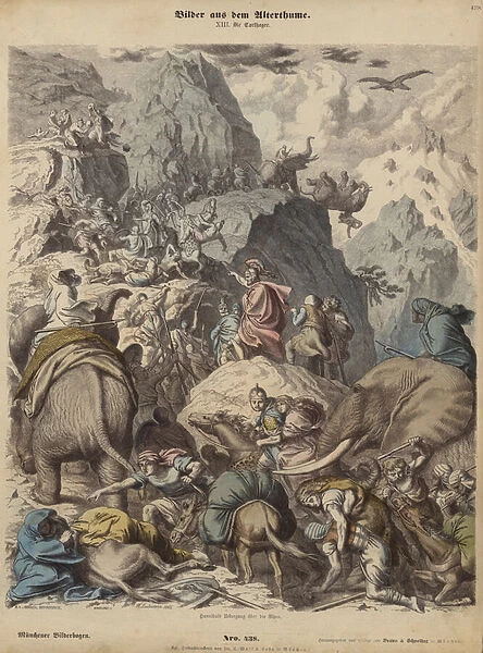 Hannibal leading the Carthaginian army over the Alps (coloured engraving)