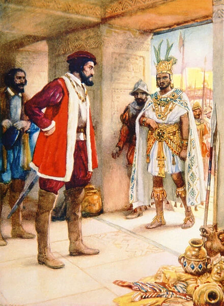 Hernan Cortes makes Montezuma a hostage in 1519 (colour litho)