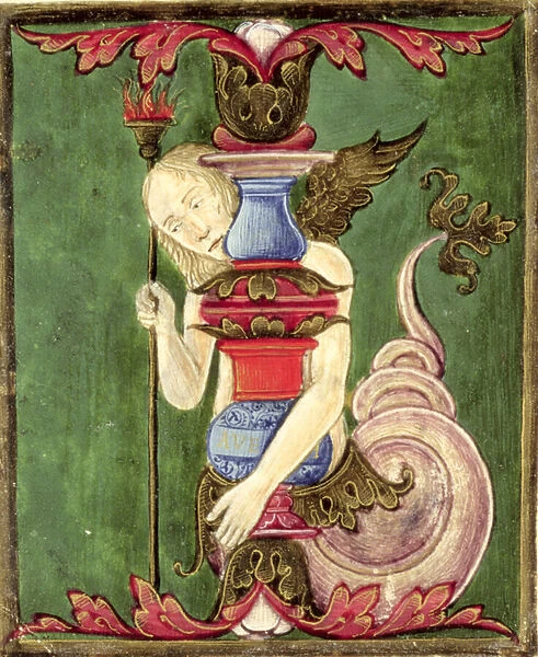 Historiated initial I depicting a Winged Mermaid (vellum)