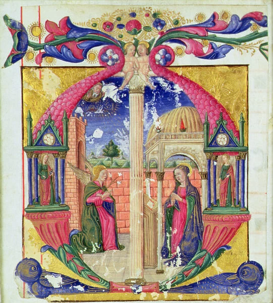 Historiated initial M depicting the Annunciation, c. 1475 (vellum)