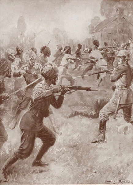 Indian soldiers attacking a German position, France, World War I, 1914 (litho)