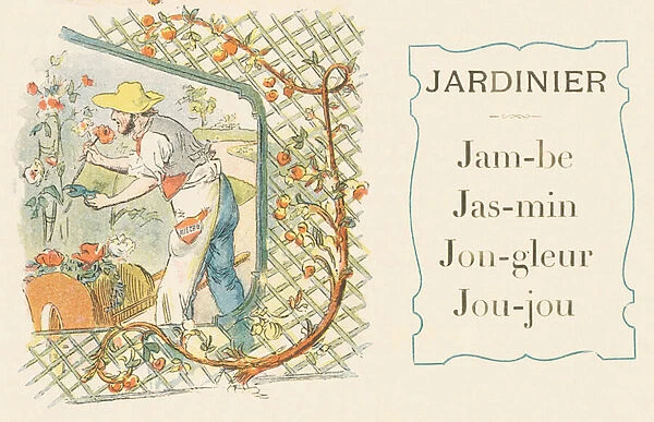 J: Gardener, leg, jasmine, juggler, toy