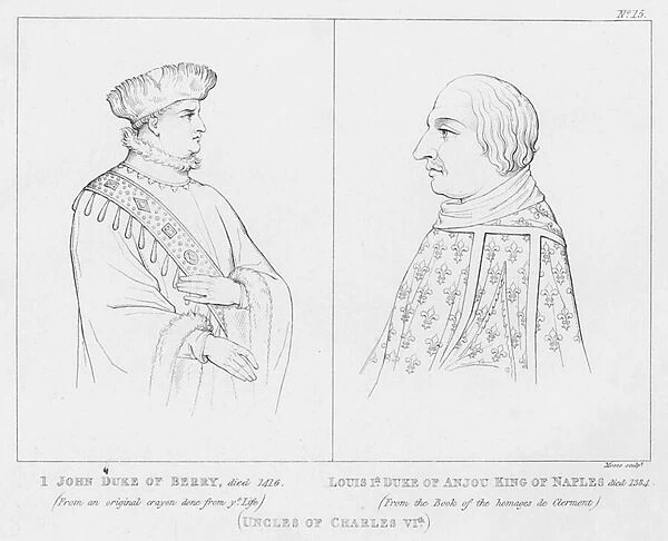 John Duke of Berry, Louis 1st Duke of Anjou, King of Naples, Uncles of Charles VIth (engraving)