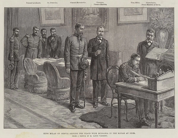 King Milan of Servia signing the Peace with Bulgaria in the Konak at Nish (engraving)