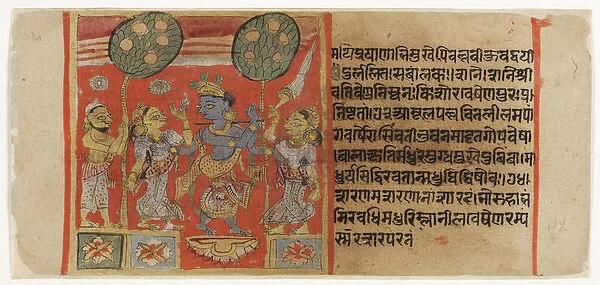 Krishna fluting before two gopis, with a devotee watching, from the Balagopalastuti c