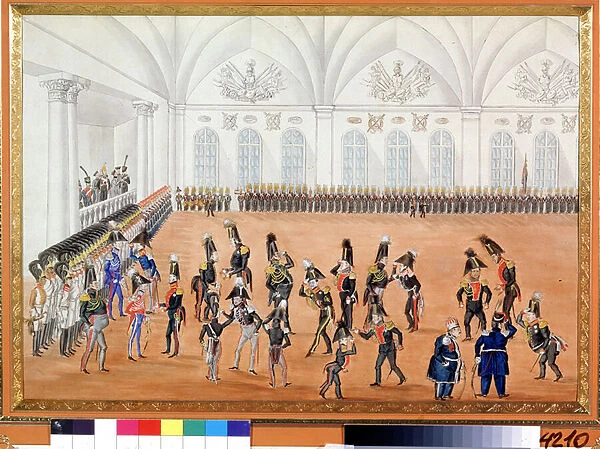 La parade de la garde ( Guard Parade). Peinture anonyme. Aquarelle sur papier, vers 1820. art russe, satire. A. Pushkin Memorial Museum, Saint Petersbourg