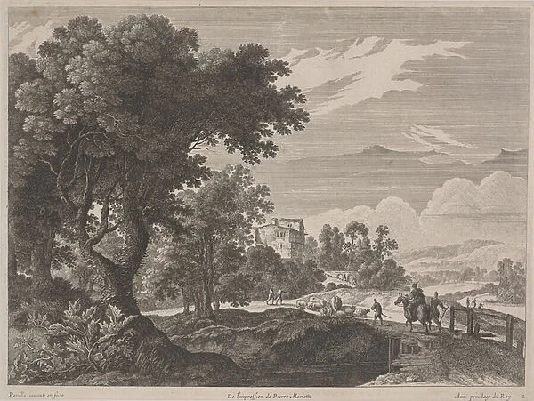 Landscape with Travelers Crossing a Bridge (etching & engraving)