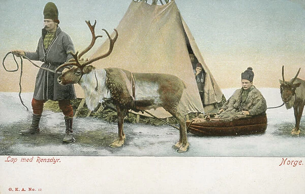 Laplanders with reindeer, Norway (colour photo)