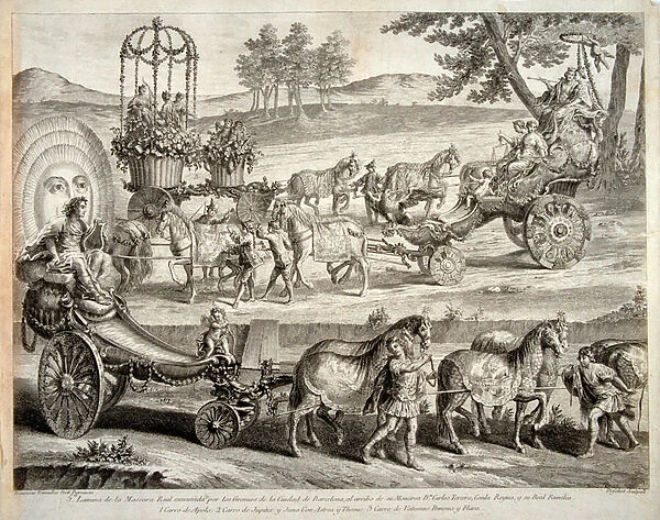 Le char d Apollon - Extraite de l album 'Masque royal'(Mascara real) - Gravure sur cuivre de A J De Fehrt (Defehrt) (1723-1774), 1764 - The Chariot of Apollo - Copper engraving by A J De Fehrt (1723-1774), 1764 - 45