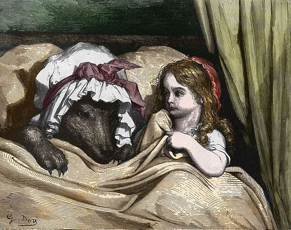 Little Red Riding Hood and Wolf dislike like Grandma. Illustration by Gustave Dore, 1867 (engraving)