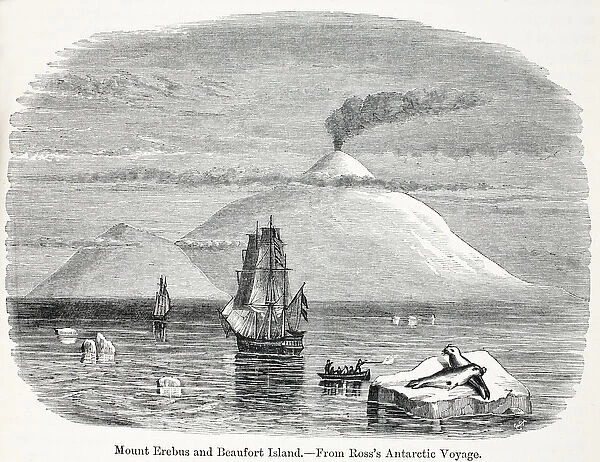 Mount Erebus and Beaufort Island from Rosss Antarctic Voyage (engraving)