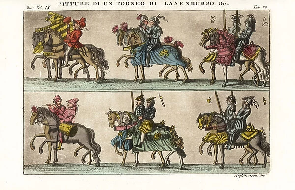 Mounted knights in armour in a procession, 15th century tournament (handcoloured copperplate engraving)