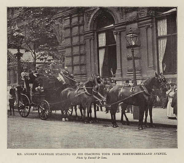 Mr Andrew Carnegie starting on his Coaching Tour from Northumberland Avenue (b  /  w photo)