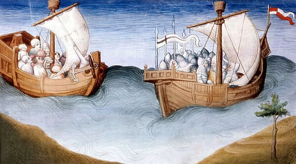 Ms Fr 2810, The fleet of the crusaders, from Livre des merveilles, c. 1410-12 (tempera on vellum)