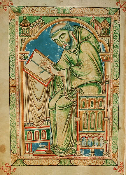 Ms R 17 I f. 283v Monk Eadwine at work on the manuscript, Eadwine Psalter, c. 1150 (vellum)