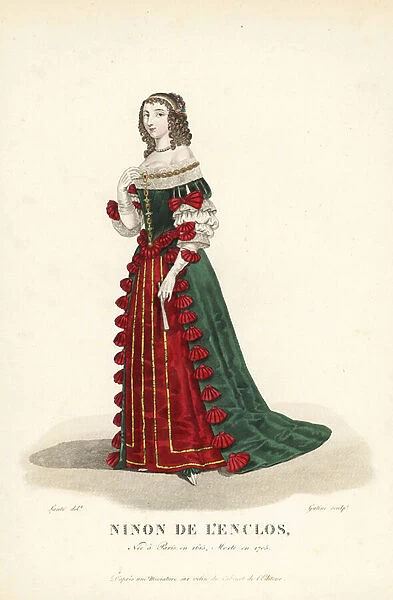 Ninon de l Enclos, English author, courtesan and salon hostess, 1615-1705. She wears her hair loose in ringlets, a low-cut mantua dress with bodice and skirt in green velvet decorated with bows, and a scarlet petticoat with gold ines