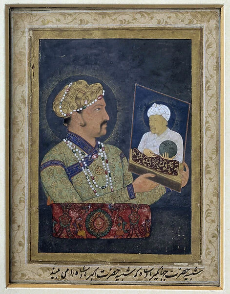 Oriental Art: 'Portrait of the Mughal Emperor Djahangir (1569-1627) holding in his hands the portrait of his father Akbar (1542-1605) around 1614'