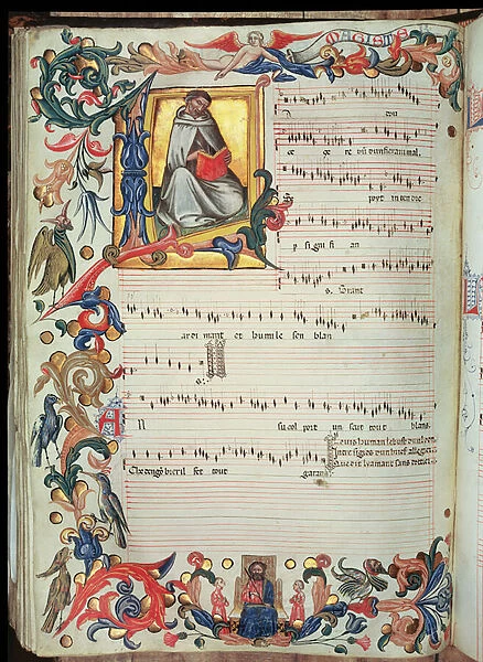 Page of musical notation with a historiated initial, from the Squarcialupi Codex, produced at the Florentine monastery of S. Maria degli Angeli (vellum)