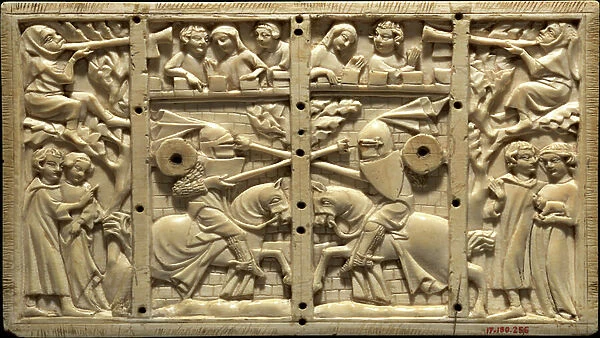 Top panel of a box with jousting scene, c. 1320-40 (ivory)