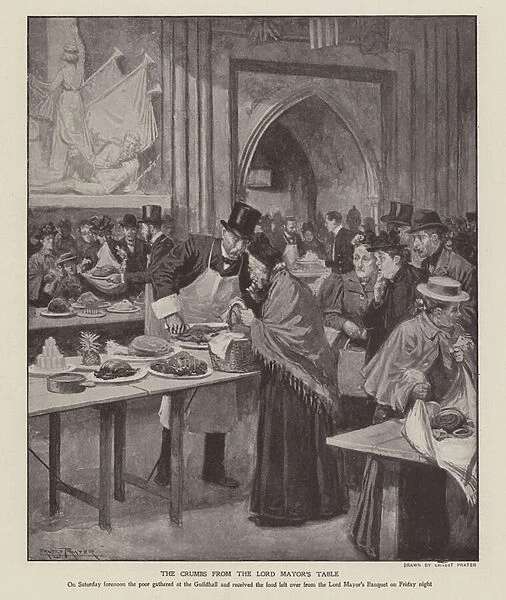 The poor receiving food left over after the Lord Mayor of Londons banquet at the Guildhall (litho)
