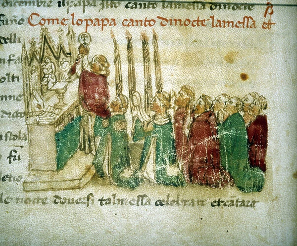 A pope celebrating night mass, 1386 - in 'Croniche del Sercambi'around 1400. National Archive, Lucca
