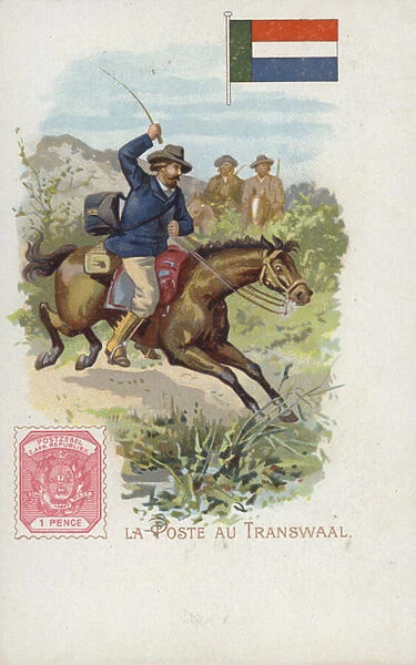 Postcard depicting a postman on horseback in the Transvaal (chromolitho)