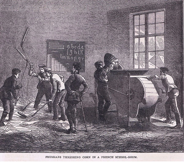 Prussians threshing corn in a French school room, Cassells History of the War between