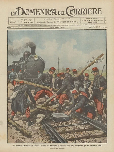 The railway strike in France, soldiers who remove the obstacles posed by strikers for... (colour litho)