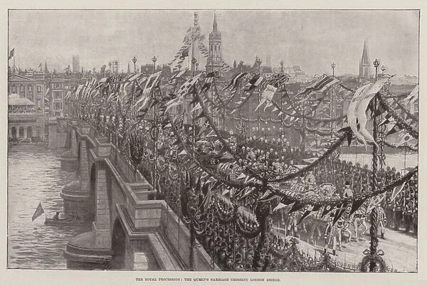 The Royal Procession, the Queens Carriage crossing London Bridge (litho)