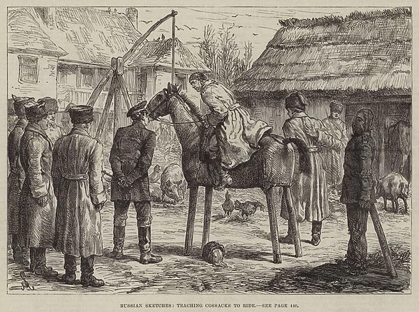 Russian Sketches, teaching Cossacks to ride (engraving)