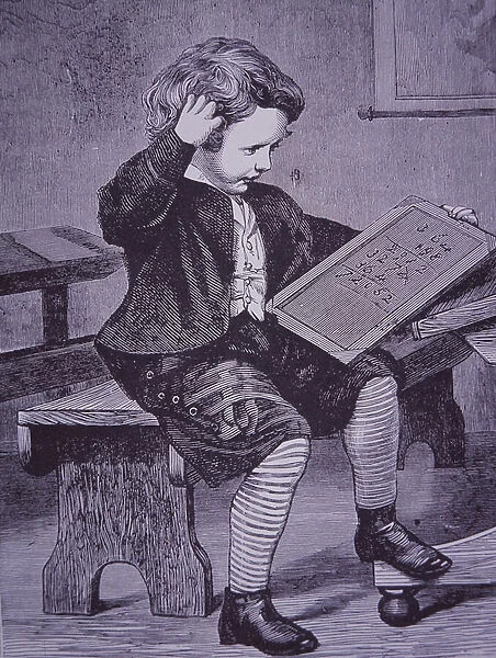School boy working on maths problem with slate (engraving)