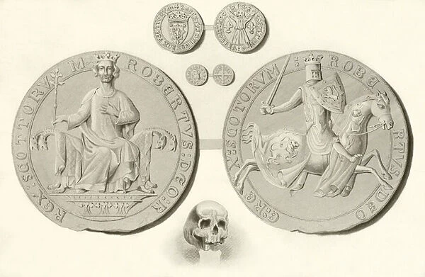 Seal coins and skull of king Robert Bruce (engraving)