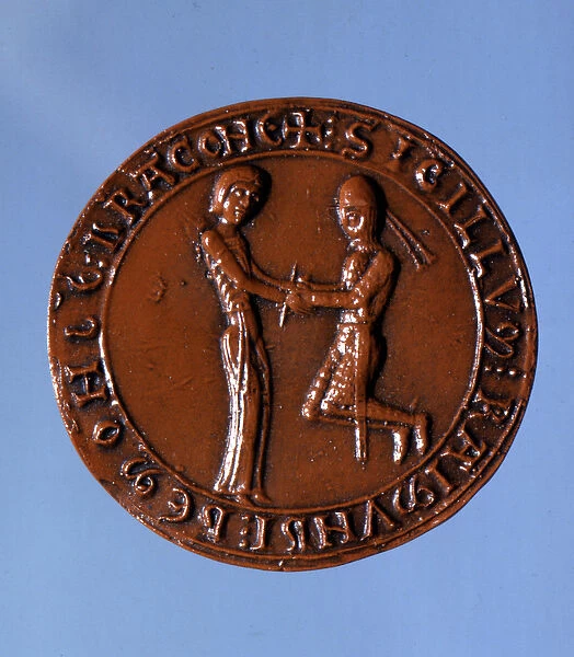Seal of Raymond de Mondragon representing the lord who gives the knight, vassal, kneeling