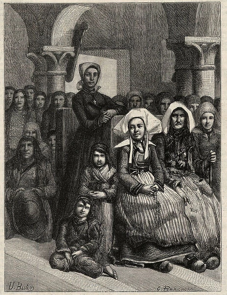 A sermon in a church in Brittany, drawing by M. U. Loot. Engraving in 'L