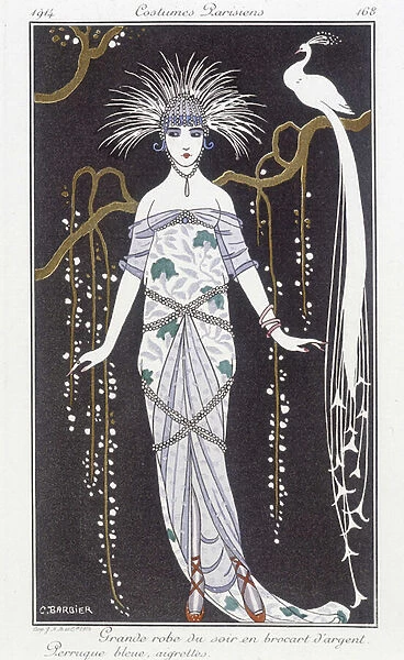 Silver brocade evening dress and wig - Illustration by George Barbier (1882-1932). in 'Journal des dames et des modes: Costumes Parisiens', 1914