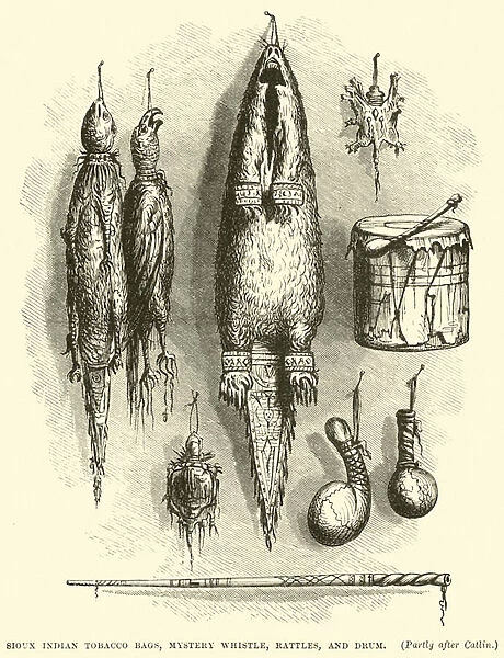 Sioux Indian Tobacco Bags, Mystery whistle, rattles, and drum (engraving)