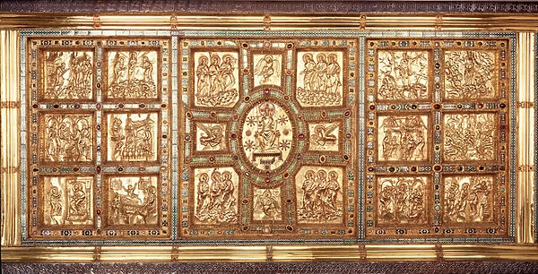 St Ambrose or Golden altar, front with scenes from the life of Christ, embossed gold work by Vuolvino  /  Volvino, 824-860, Basilica of Sant Ambrogio, Milan