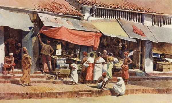 A Street Scene in Kandy (colour litho)