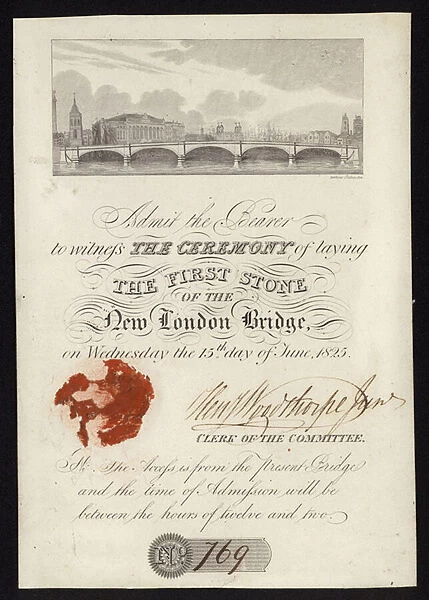 Ticket to the ceremony of laying the first stone of the new London Bridge, 1825 (litho)