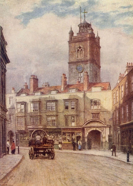 Tower of Church of St Giles, Cripplegate, and Old Houses in Fore Street, 1884 (colour litho)
