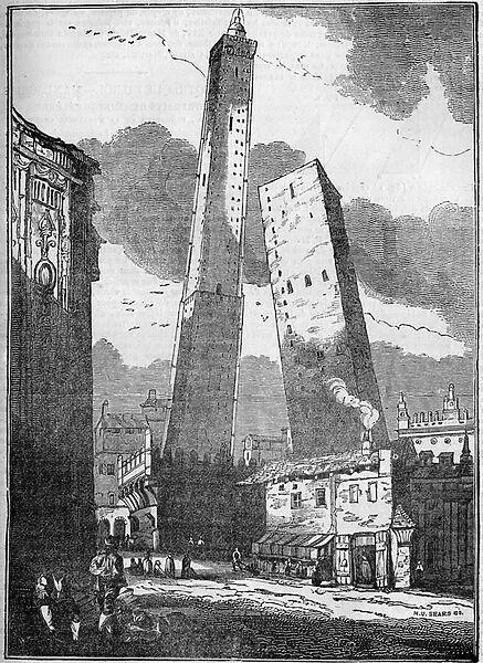 Towers of bologna - the Asinelli tower and the smaller Garisenda tower - engraving 19th