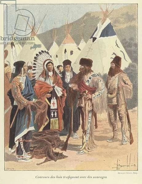 Trappers trading with Native Americans, New France (colour litho)