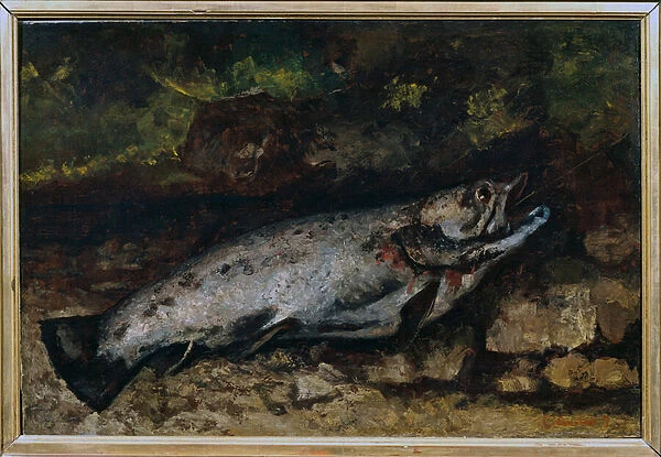 The trout still life of fish. Painting by Gustave Courbet (1819-1877), 1873 Sun. 0. 65 x 0