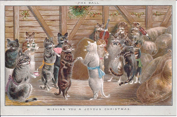 A Victorian Christmas card of cats at a ball dancing with musicians playing, c