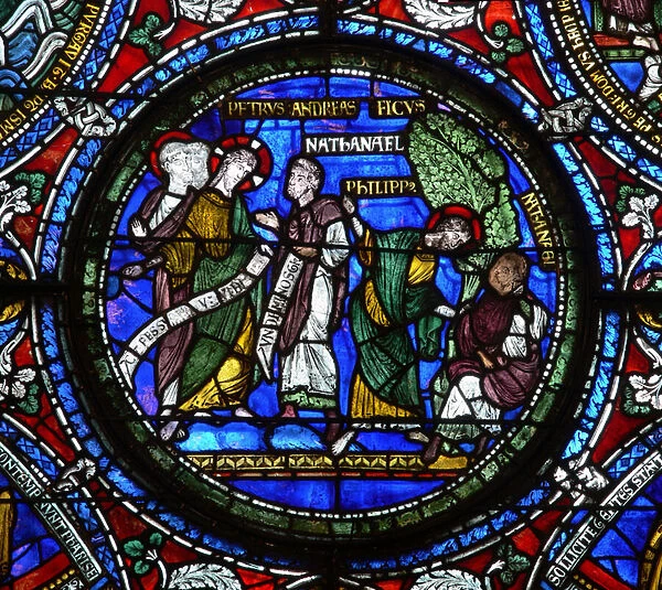 Window n14 depicting the call of Nathaniel; St Andrew and St Peter with Christ; (stained glass)